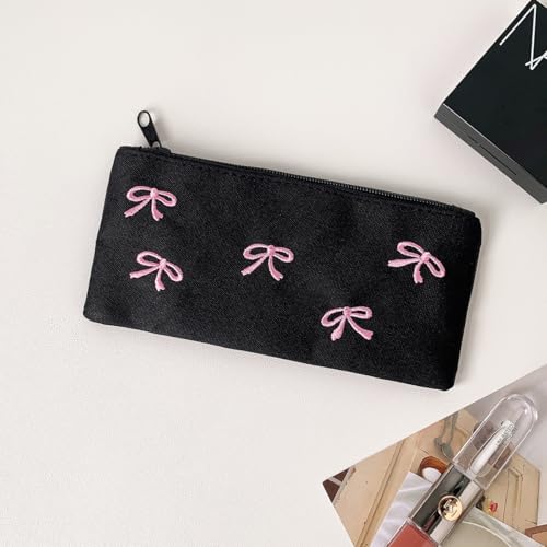 Image of Coquette Pencil Case Bow Pencil Pouch Cute Aesthetic Pencil Case Black Large Pen Pouch Holder Preppy Supplie (Pink)