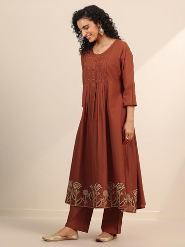 Image of Rust floral embroidered anarkali kurta with solid palazzo and embroidered dupatta | ethnic wear | bridal suit | occasion wear
