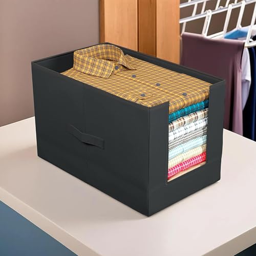 Image of Kuber Industries Pack of 4 Storage Organizer | Non-Woven Shirt Stacker | Foldable Wardrobe Organizer for Clothes | T-Shirts Organiser for Wardrobe | Black