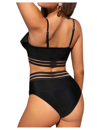 SweatyRocks Women's 2 Piece Solid Ruffle Bikini Ruched Tummy Control Bathing Suits3