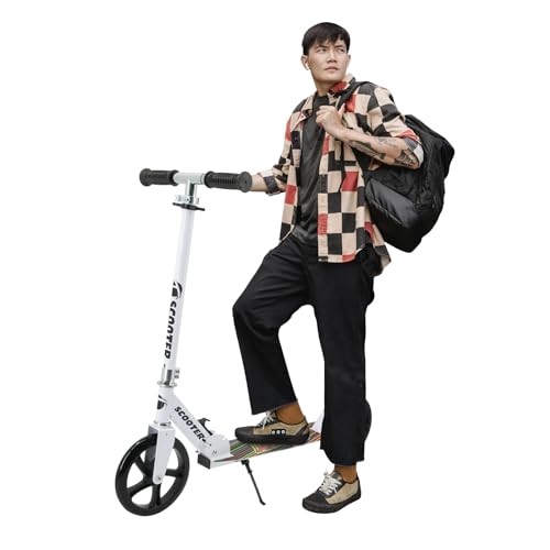 Hyiatyo Foldable Kick Scooter for Kids 8-12 Teens Adults 200mm Big Wheels Adjustable Handlebar 88-99cm Lightweight Aluminium Rear Brake Max Load 100kg (White)
