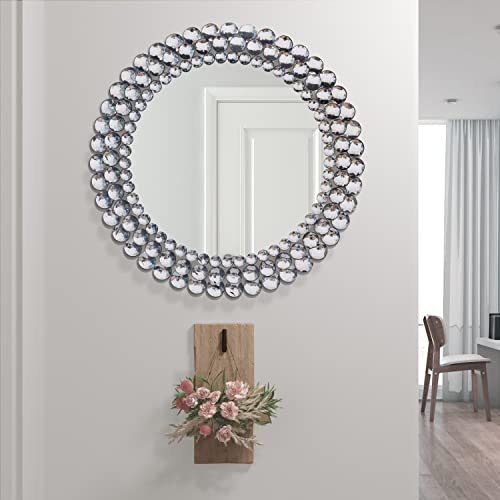 KOHROS Jeweled Accent Mirror Round Rhinestone Venetian Decorative Wall Mirror for Bedroom Bathroom Entryway Passageway 23.5 in