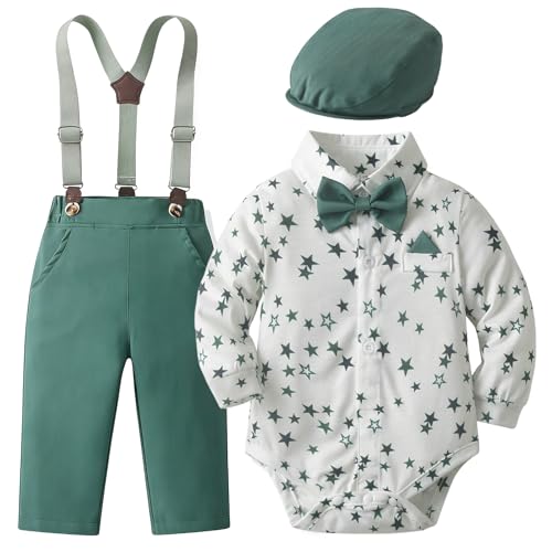 Fohuanky Conjunto para niño tirantes, body con pajarita y gorra plana; traje de gala para bebé, traje de caballero para bodas, bautizos y cumpleaños, de 0 a 18 meses