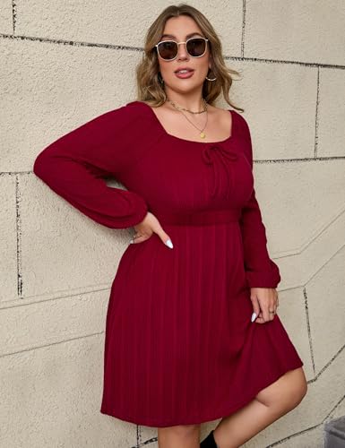 Image of KOJOOIN Womens Plus Size Sweater Knit Dress Square Neck Long Sleeves Tie Front Casual Midi Pullover Fall Dress with Pockets