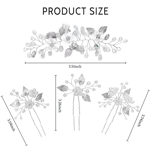 4 Piece Wedding Bridal Flower Hair Clip Metal Leaf Rhinestone Pearl Flower Wedding Hair Accessories for Women Girls (white) - Image 2