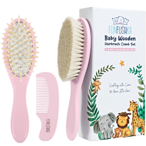 Image of FUNFUSHKA Baby Hair Brush Set for Newborns - Baby Brush and Comb Set - Ultra Soft Goat Hair Bristles, Perfect for Cradle Cap, Newborn Showers & Registries Gift, Comb Brush for Girls & Boys (Rosa)