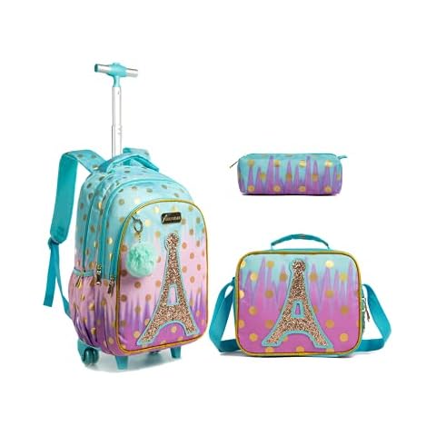 HTgroce Kid's Rolling Backpack 18 inch for College Student Travel Trip Travel School Children,School Bags with Wheels Laptop Luggage with Lunch Box, Pencil Case for Boys Girls Cover