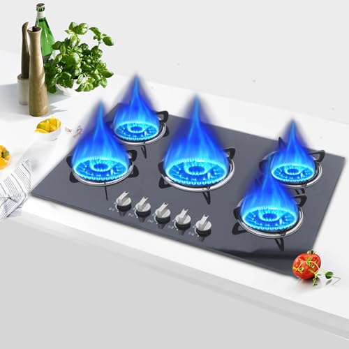 Cocina de gas de 5 fuegos, placa de cocina de cristal empotrable, hornillo de gas con dispositivo automático de apagado, cocina de cristal negro, encendido por batería, 77 x 51 x 7 cm, GLP G/gas