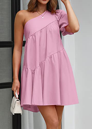 Image of KIRUNDO Summer One Shoulder Mini Baby Doll Dresses Women 2026 Casual Puff Sleeve Loose Tiered A Line Flowy Short Dress