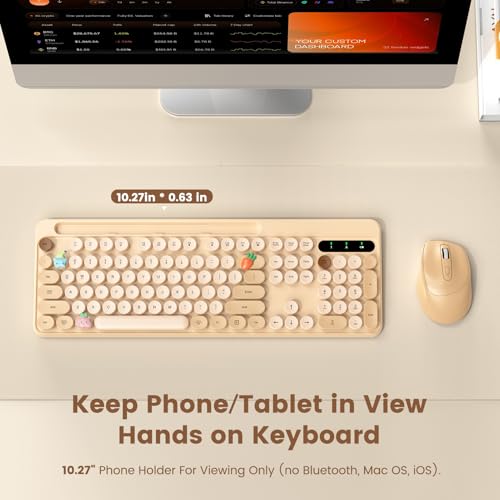 Image of Wireless Keyboard and Mouse Combo, Retro Round Keycaps, Full-Size Stylish Typewriter Keyboard with Phone /Tablet Holder, Ergonomic Mouse with 3-Level DPI, 2.4GHz Connection for Windows /PC (Milk-Tea)