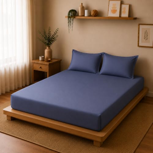 Image of Linen Home Cotton Percale Fitted Bedsheet Set SingleXL Size Dark Blue