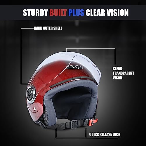 Image of O2 Open Face / Half face Helmet Unisex for Bike Women Men ISI Certified with Clear Visor Smooth Finish Lightweight & Compact (ChRed, 580mm Medium)