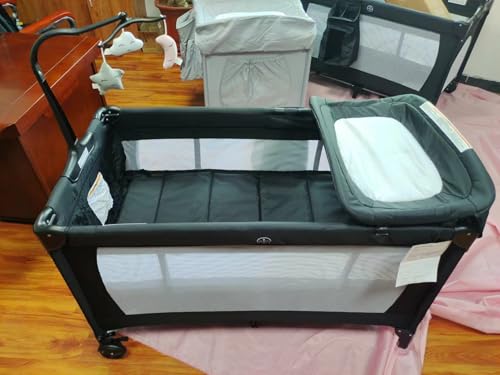 Image of 4 in 1 Pack and Play with Changing Table Diaper Organizer & Mattress, Foldable Baby Bassinet Bedside Sleeper, Portable Large Travel Crib Playpen for Newborn to Toddles