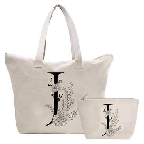 Personalizadas Bolso Tote de Mujer con Inicial, Bolsa de lona con Bolsillo Interior, Bolsa de Compras con Bolso de Cosméticos, Regalos para Damas Mejor Amigas Mamá, Regalo Cumpleaños Navidad J
