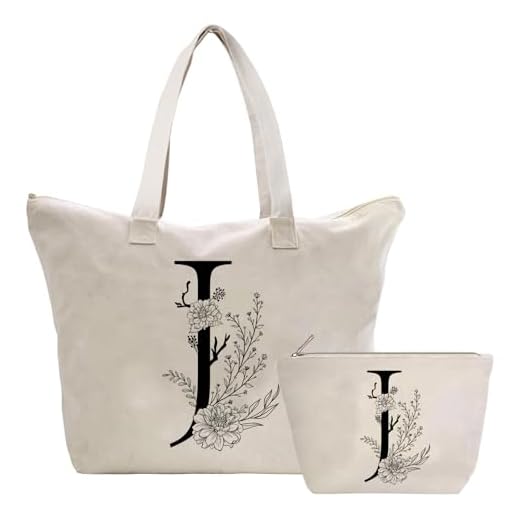 Sac Fourre-Tout en Toile avec Initiale Fleur, Personnalisés Sac Tote bag en Toile Coton Trousse de Maquillage, Idéal pour Mariage Anniversaire Noël, Cadeau pour Femmes Amis Maman Sœurs J