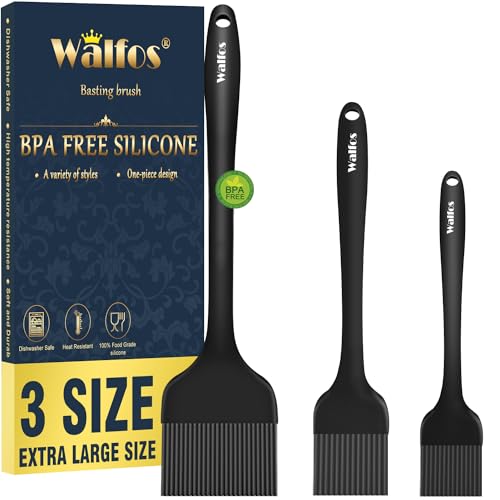 Walfos 3 Size Basting Brush, High Heat Resistant Silicone Pastry Brushes for Barbecue, Baking, Kitchen Cooking, Desserts- Strong Stainless Steel Core Technology