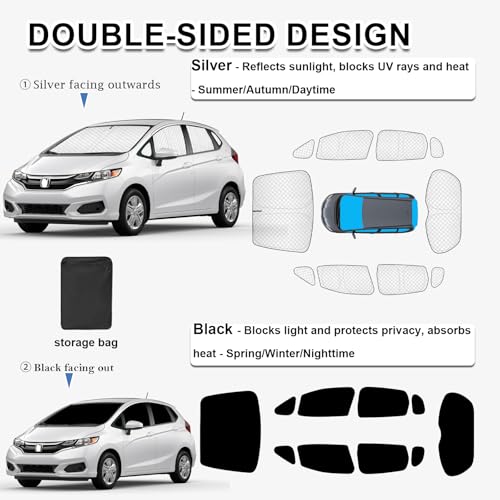 Image of KMF 10pcs Thicken Sun Shades for Honda Fit 2015-2020 Accessories, Windshield Sunshade Full Car Window Covers for Side Rear, UV Block and Protecting Privacy Blackout for Camping