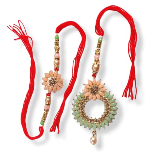 Elegant Bhaiya Bhabhi Rakhi Gift Set with Personalized Card, Roli Chawal, Thali Set, and Chocolates | Fancy Lumba Rakhi Gift Hamper (Green And Pink Fancy Lumba Rakhi)3