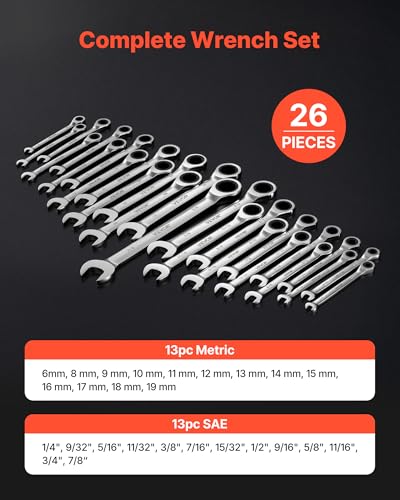 Image of VEVOR Combination Wrench Set, 26-Piece SAE and Metric, 72 Teeth, Cr-V Steel Ratcheting Wrench Set, with Rack Organizer, Open End, Clear Size Labels, for General Household, Automotive Repairs, Silver