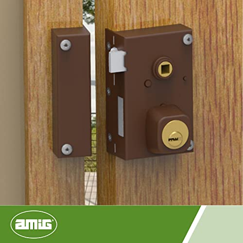 Amig - Rechts Überfüllschloss mit Hebel, Zunge und Quadrat für Holztüren Mod. 75N | 72 x 112 mm | Sicherheits-Rundzylinder | Brauner Stahl
