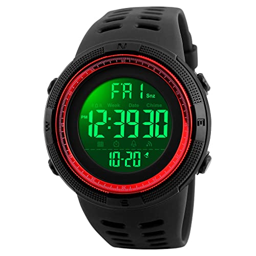 TONSHEN Digitales Relojes de Hombre Deportivos Militares Táctica 50M Resistente Agua Outdoor LED Display Multifuncional Electrónica Plástico Bisel Y Correa Goma Relojes de Pulsera (Rojo)