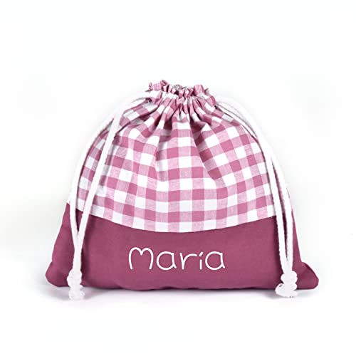 SAQUITOMAGICO Bolsa merienda o almuerzo Infantil Personalizada Vichy para niños o Bebe.Vuelta al Cole (Malva)