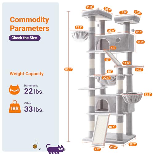 Image of Allewie 81 Inches Tall Cat Tree /Multi-Level Large Climbing Tree House and Towers for Big Feline /Condo and Hammock /Scratching Post /Wide Base /Grey