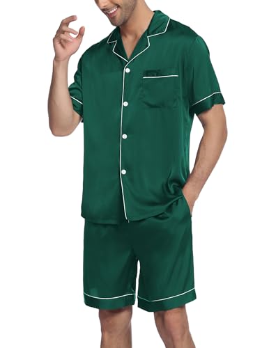 Image of Ekouaer Mens Satin Pajamas Set Button-Down Short /Long Sleeve Shirt Top Soft Silk Sleepwear Loose Pocket Pant Loungewear