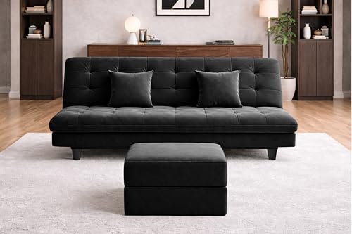 Image of Rosebell Modern Three-Seater Sofa Cum Bed - Foldable Velevt Fabric Sofa, Foam Seating, Stylish Design for Living Room, Guest Room & Office - Black Color