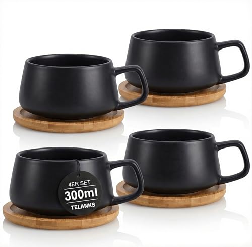 4er Set Cappuccino Tassen mit Untertassen, 300 ml Kaffeebecher aus Keramik, Cappuccino Tassen Groß, für Kaffeeliebhaber, Cappuccino, Latte, Americano und Tee, Schwarz
