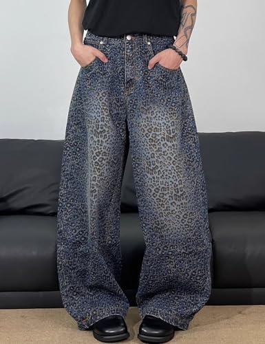 Men Baggy Leopard Print Jeans Y2K Wide Leg Boyfriend Denim Pants Straight Leg Pull On Jeans for Women3