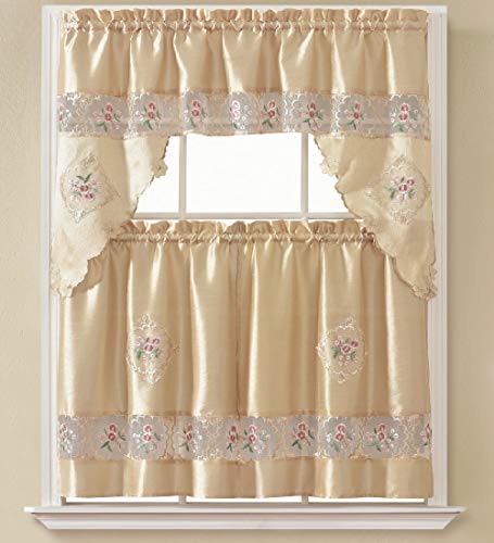 B&H Home Sydney Floral Embroidered 3-Piece Kitchen Curtain