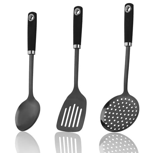 JXWING 3-Piece Stainless Steel Utensil Set, Turner, Spoon, Skimmer, Black