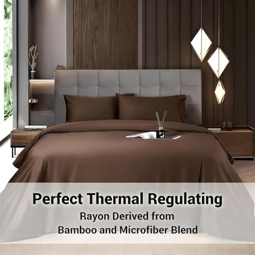 Image of Shilucheng 4 Piece King Sheet Sets, Cooling Sheets, Blend Rayon Derived from Bamboo, Deep Pocket Up to 16 inch, Breathable & Soft Bed Sheets, Hotel Silky Bedding Set, Brown