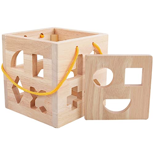 Qzmtoy Shape Sorter Toys With 19 Shape Blocks,Shape Sorting Cube Toy Box Classic Wooden Toys For Toddlers Kids,Gift For Girls Boys 2-4(Natural Solid Wood) #TOP4