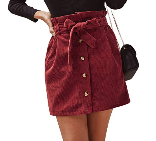 Meladyan Womens Button Front Corduroy Skirts High Waist Belted Paperbag A-Line Mini Skirt with Pockets Red