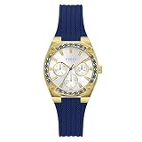 Guess Reloj para Mujer de 35 mm, Correa Azul, Esfera Blanca, Caja Dorada