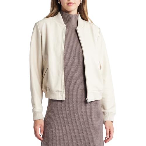 Women's Cream Leather Bomber Jacket – Classic Zip-Up Lightweight Moto Coat with Ribbed Cuffs & Hem – Stylish Casual Outerwear