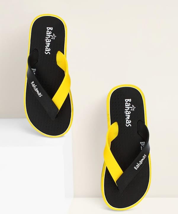 Image of Men's Flip Flops, Yellow and Black Graphic Print, Casual Summer Footwear
