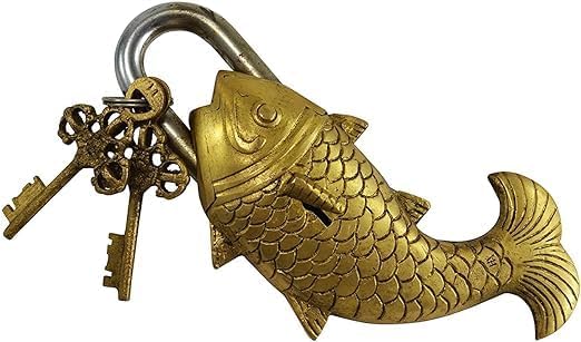 Brass Beautiful Padlocks with Two Keys Fish Monastery Lock - Solid Brass with Natural Patina in a Beautifully Ornate Padlock.