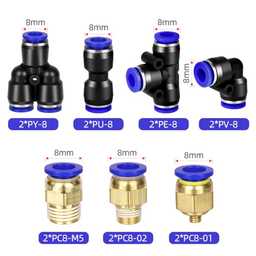 ANOMM 10M PU Pneumatikschlauch, Luftschlauch Rohrsatz, Pneumatic Polyurethane Pneumatik Schlauch, mit 8 Stück Pneumatikverbinder Air Push Schnellkupplungen (Y/T/L/I förmig), Außen 8mm x Innen 5mm