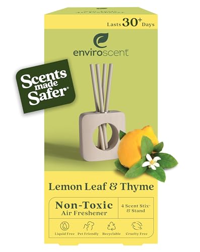 Enviroscent Non-Toxic Air Freshener for Home | Liquid Free Diffuser | Home Fragrance Lasts Over 30 Days | Kit Includes 1 Mango Wood Stand & 1 Scent Stix Refill (Lemon Leaf & Thyme)
