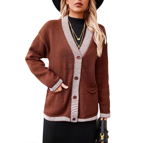 Image of Women Knitted Cardigan V Neck Button Long Sleeve Cardigan Fashion Coat with Pockets
