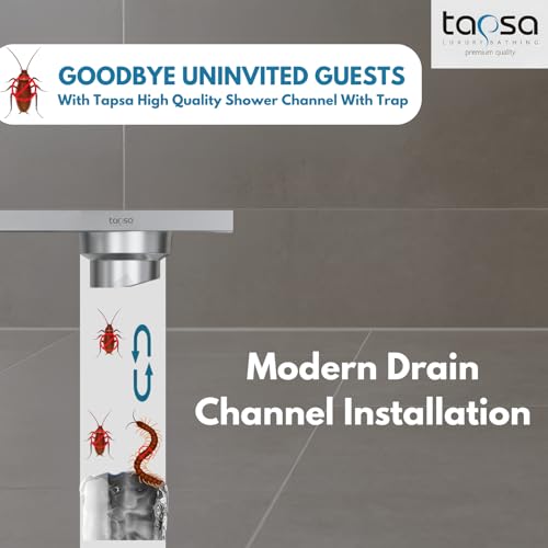 Image of Tapsa Wave Floor Drain Channel Chrome| 304 Stainless Steel | Invisible Shower Drain Channel | 8 x 4 Inches | Waste Water Floor Drain for 20x10 mm Tile | Drainer Channel | Anti Cockroach Trap | Silver