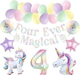 Four Ever Magical Unicorn Party Balloon Pack Holographic Four Ever Magical Banner for Pastel Unicorn 4th Birthday Party Decorations