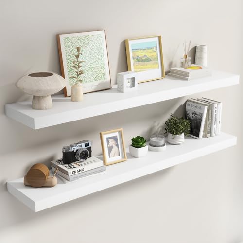 Image of Dreamland 55 Inch White Floating Shelves for Wall,8 Inch Deep Floating Shelves,55 inch W x 8 inch D Wall Shelves for Bedroom,Living Room, Kitchen,Bathroom,Set of 2