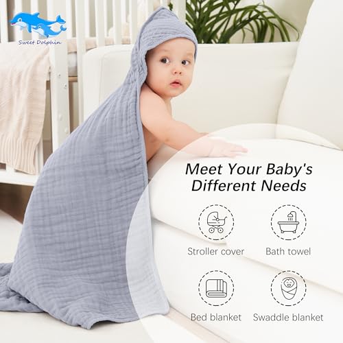 Image of SWEET DOLPHIN Muslin Hooded Baby Bath Towels - 2 Pack 100% Cotton Towel for Babies, Infants, Toddlers - 32x32Inch - Highly Absorbent and Newborn Essential, Grey