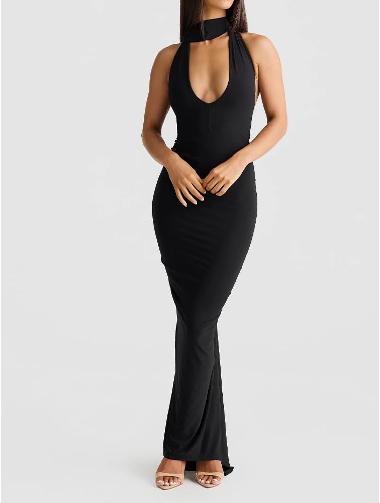 Women Sexy Backless Dress Halter Deep V Neck Detachable Flower Sleeveless Open Back Maxi Dress Cocktail Prom Formal Dresses - Image 6