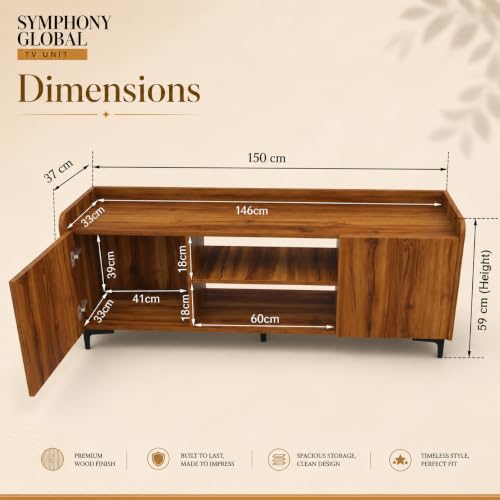 Image of Studio Kook Symphony Global 150 cm TV Unit, Amber Walnut | 150 cm engineered wood TV cabinet for 40-65 inch TVs, with two side cabinets, open shelves and a 70 kg tabletop capacity.
