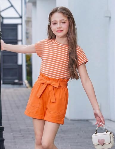 Image of Arshiner Girls 2 Piece Outfit Summer Drop Shoulder Batwing Sleeve Tops and Paperbag Waist Shorts Set Cute Clothing Size 6-14